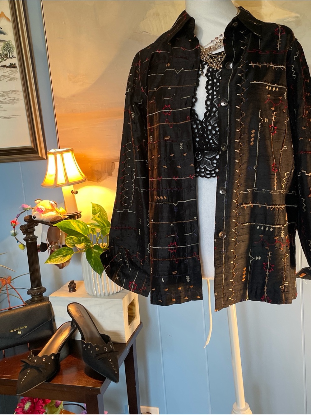 Laura Ashley Black Embroidered Button-Up Shirt Jacket